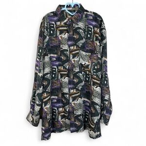 Vintage green and purple patterned silk button up shirt